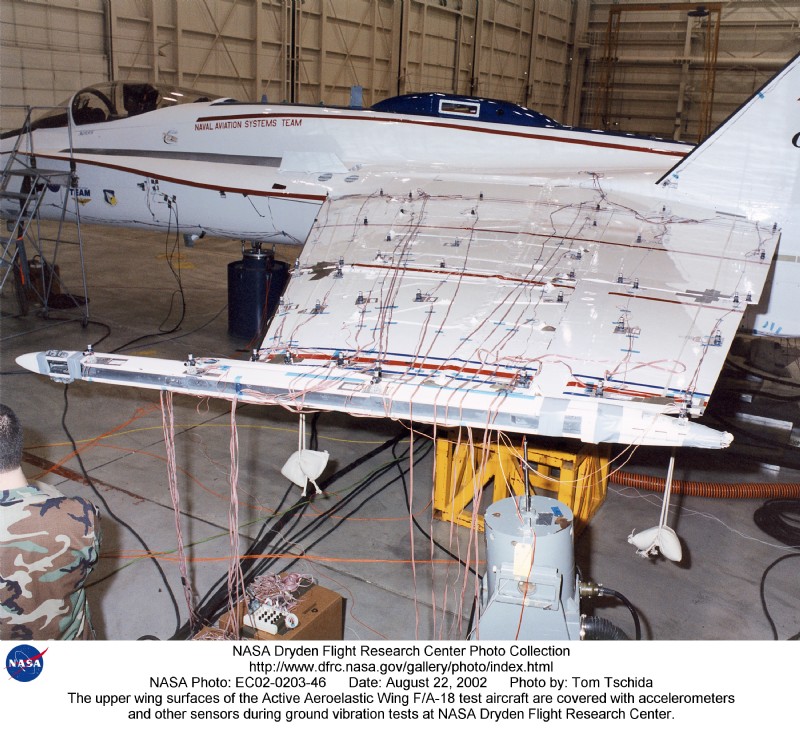 Ground vibration tests at NASA Dryden Flight Research Center on an F/A-18 test aircraft