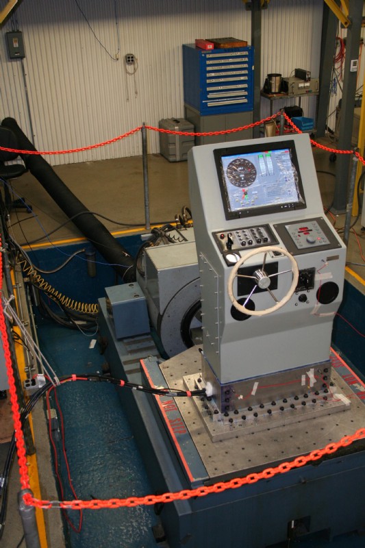 A ship’s helm and controls tested on Unholtz-Dickie shaker to ensure it can withstand the shock and vibration at sea.