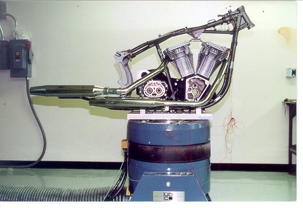 A motorcycle frame mounted on an S202 shaker for vibration tests