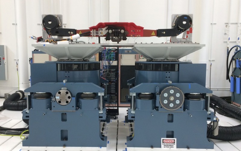 Dual T4000 Shakers performing a rail transportation PSD profile on a Third Rail Current Collector Unit manufactured by TransTech (Piedmont, SC) for the Long Island Railway. (Photo courtesy of Experior Labs www.experiorlabs.com)
